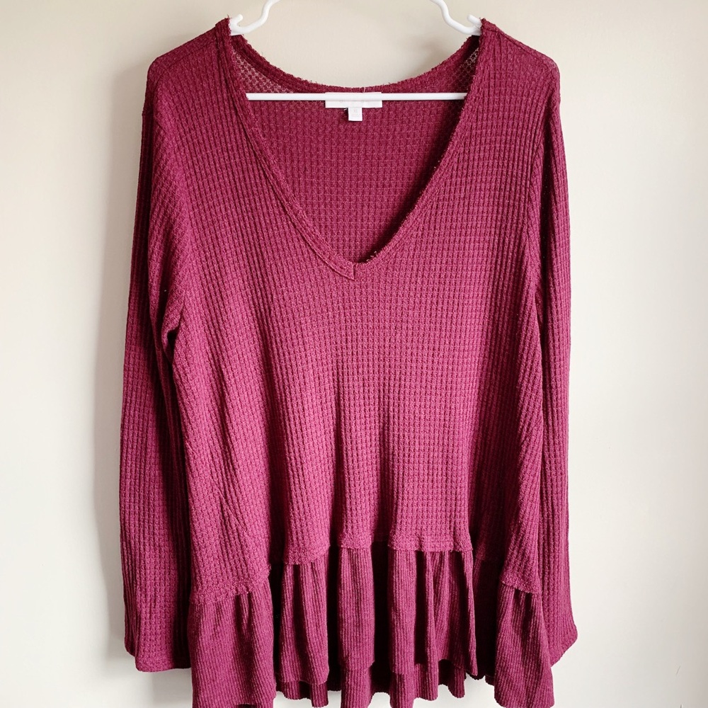 Anthro Eri + Ali Waffle Knit Peplum Hem Blouse - Picture 2 of 6